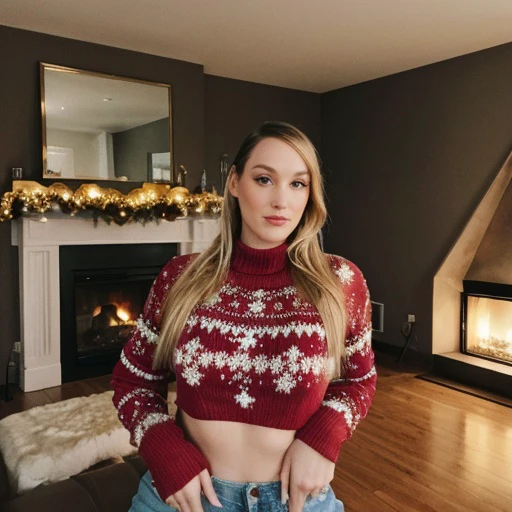 <lora:eefjah_sjokz_sd15_512_128_64_v1:1>sjokz,1girl blonde hair, wearing christmas sweater, christmas decoration in background, lit fireplace in background