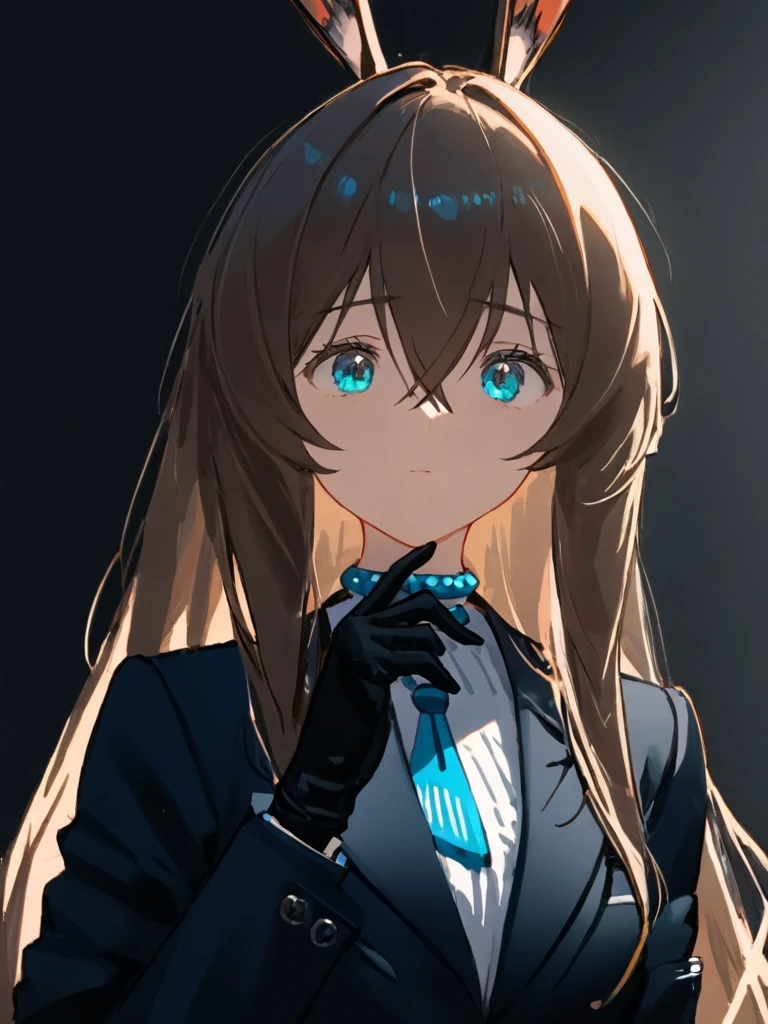 <lora:amiya_pro:1>,[[[amiya(arknights)]]],maximalism,1girl,solo,upper body,long hair,hair between eyes,mature female,office lady suit,black gloves,black background,best quality,amazing quality,very aesthetic,absurdres,