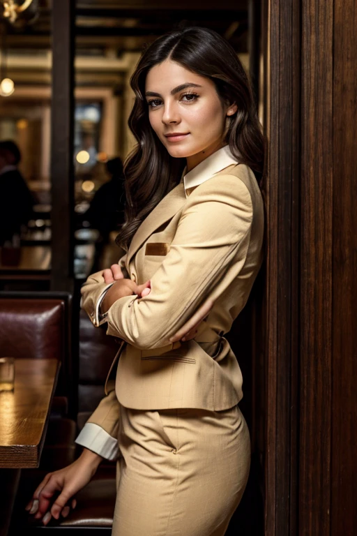 masterpiece, best quality, detailed face <lora:Monica1873Barbaro:1> a woman, 1girl, solo, m1873b, wearing beige business suit in restaurant
