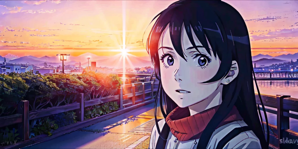 <lora:BlossomMixV3.0-000012:1> animevibes, 
a portrait of a girl with long hair and blue eyes, sunset