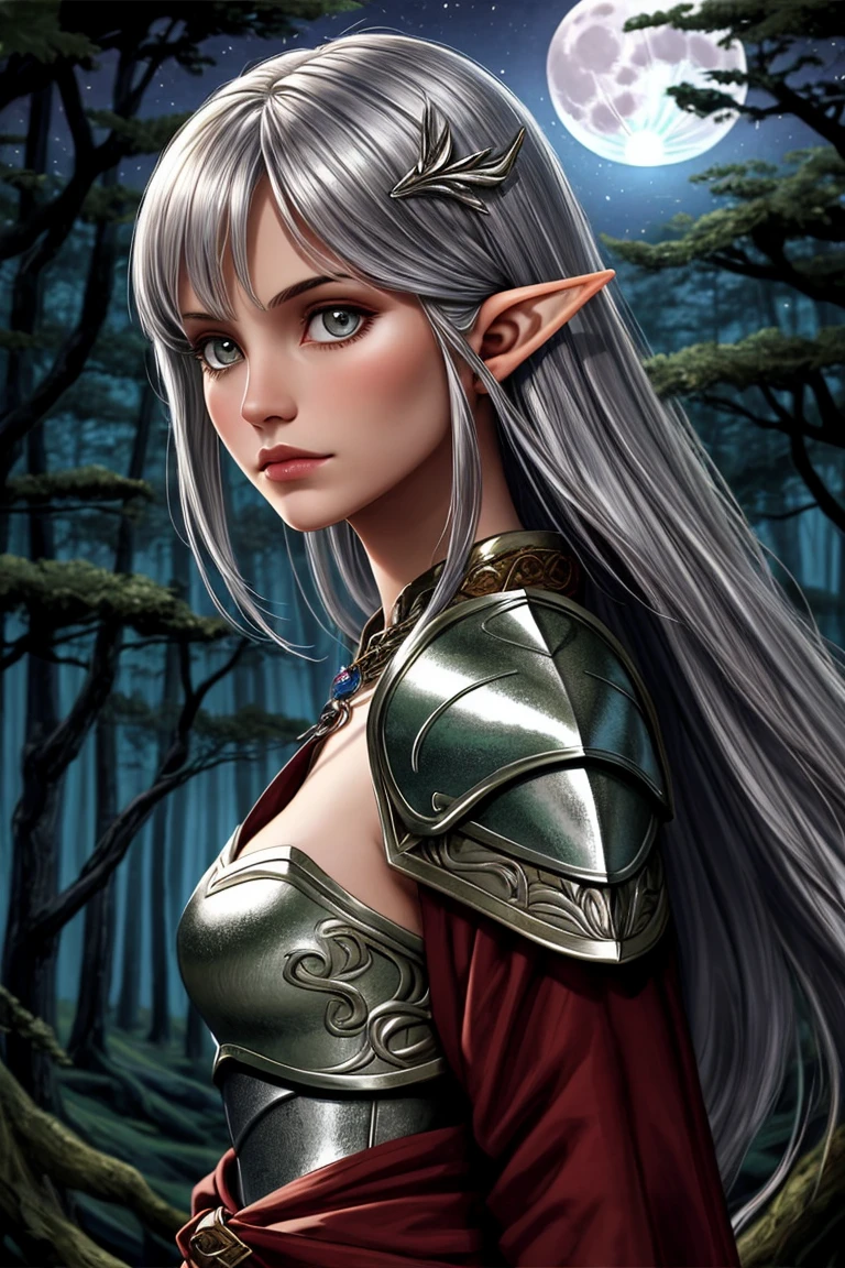 1 girl, beautiful elven maiden:1, silver elven armor:0.8, shoulder portrait, Night, Forest:0.8, Full moon, mana flow, shimmers, psychic energy <lora:add_detail:0.8>