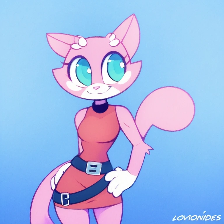 masterpiece, best_quality, furry_female, felid, shima_luan, belt, solo, front, standing, cute, smiling, <lora:y-Shima:0.9>, SFW, headshot_portrait, (art_by_loonanudes + art_collab, art_by_miles_df:1.3)