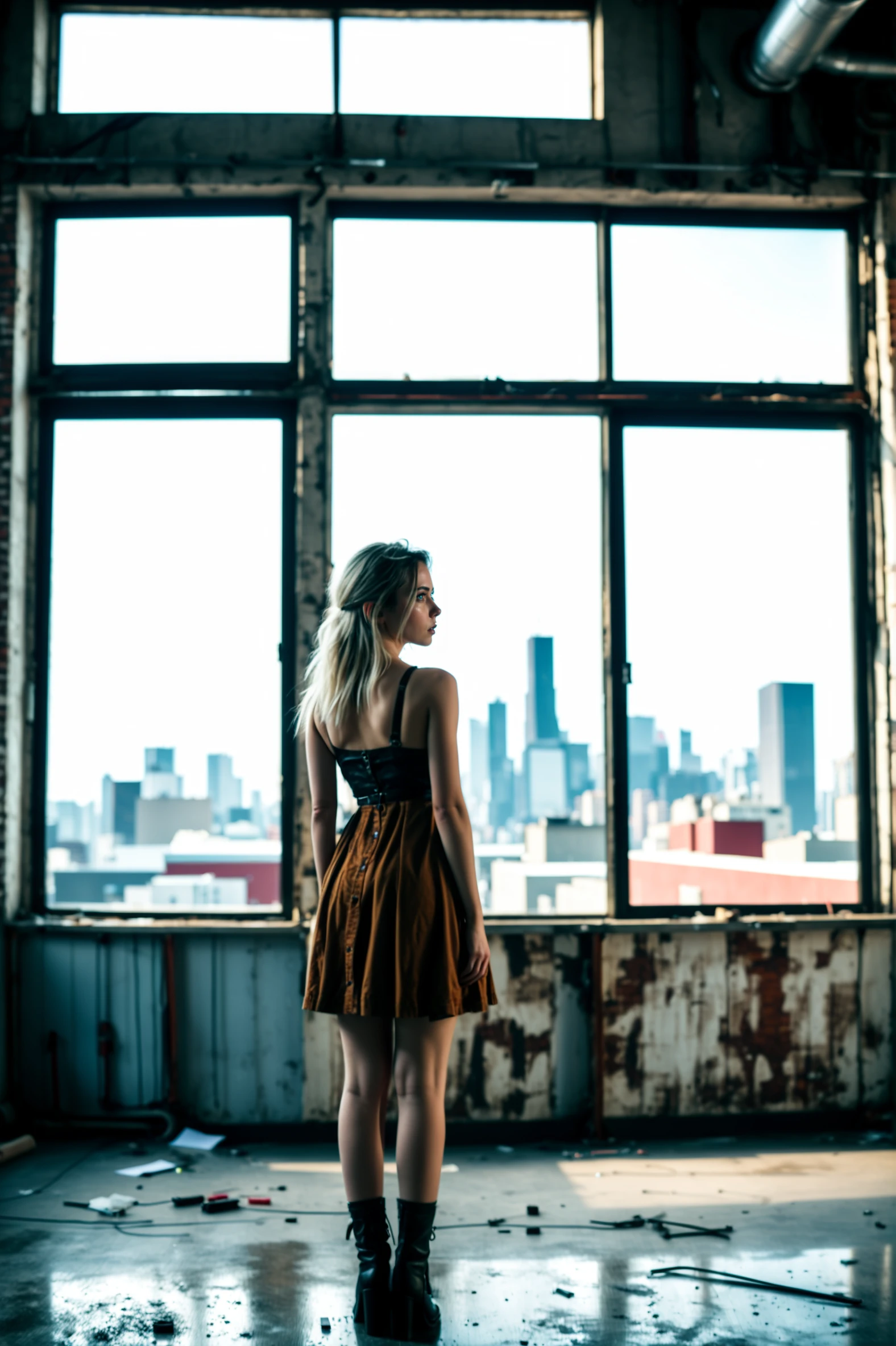 photograph, cinematic color grading, 1girl, woman, beautiful, Industrial loft with skyline view in a empty fantasy topia outside of time, masterpiece<lora:EnvyBetterHiresFixXL01:1>