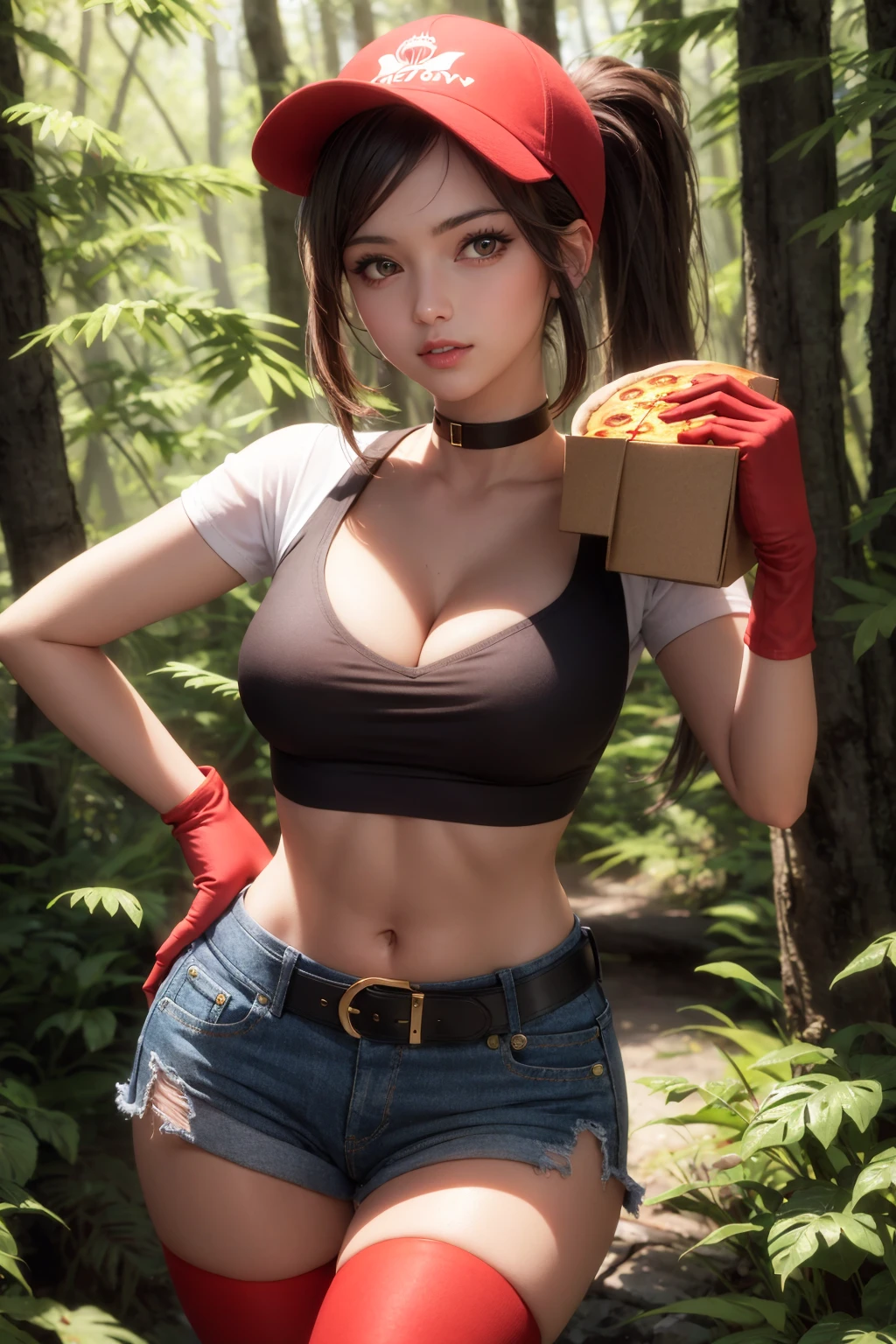 (masterpiece:1.2), (best quality:1.2), 1girl, <lora:PizzaDeliverySivir:1>, PizzaDeliverySivir, long hair, brown hair, ponytail, red hat, choker, black crop top, white shirt, short sleeves, cleavage, navel, denim shorts, belt, black elbow gloves, black fingerless gloves, ((red thighhighs)), in a forest, trees