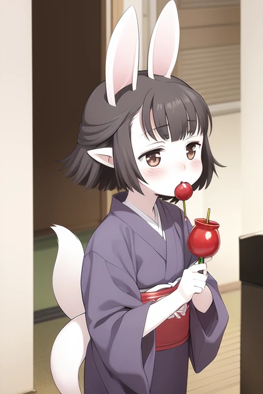 <lora:Hasaha:1>Hasaha, 1girl, solo, animal ears, japanese clothes, food, candy apple, kimono, tail, brown eyes, pointy ears, black hair, sash, yukata, short hair, rabbit ears, obi, blush,