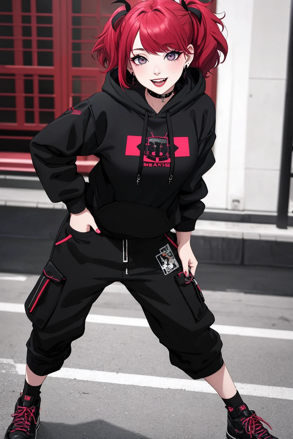 ((Masterpiece, best quality,edgQuality)),
smiling,excited,red hair,woman,bob cut
edgPastelGoth,a woman in a black hoodie and cargo pants ,wearing edgPastelGoth
 <lora:edgPastelHoodies:0.8>