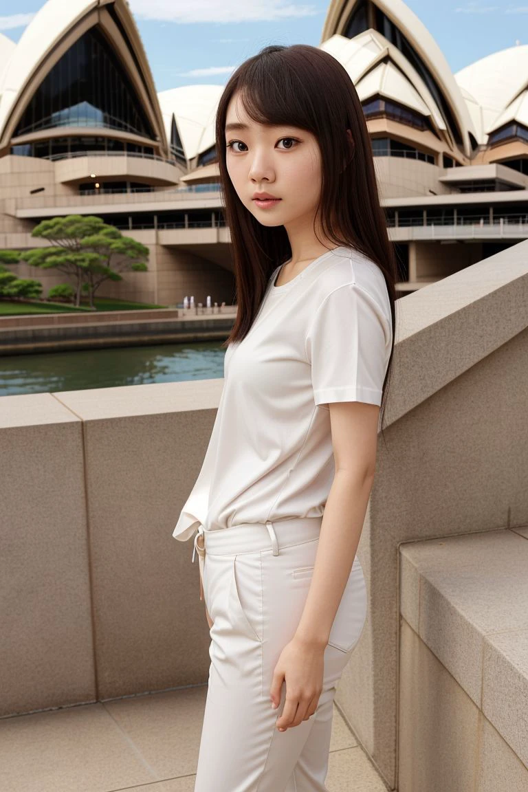 <lora:miyu_suenaga_obj20:0.5>, full_body, standing, sandals, (shirt), pants, (sydney opera house), (miyu_suenaga: 1.2), perfect face, (contact iris: 1.1), pale skin, skin pores , depth of field