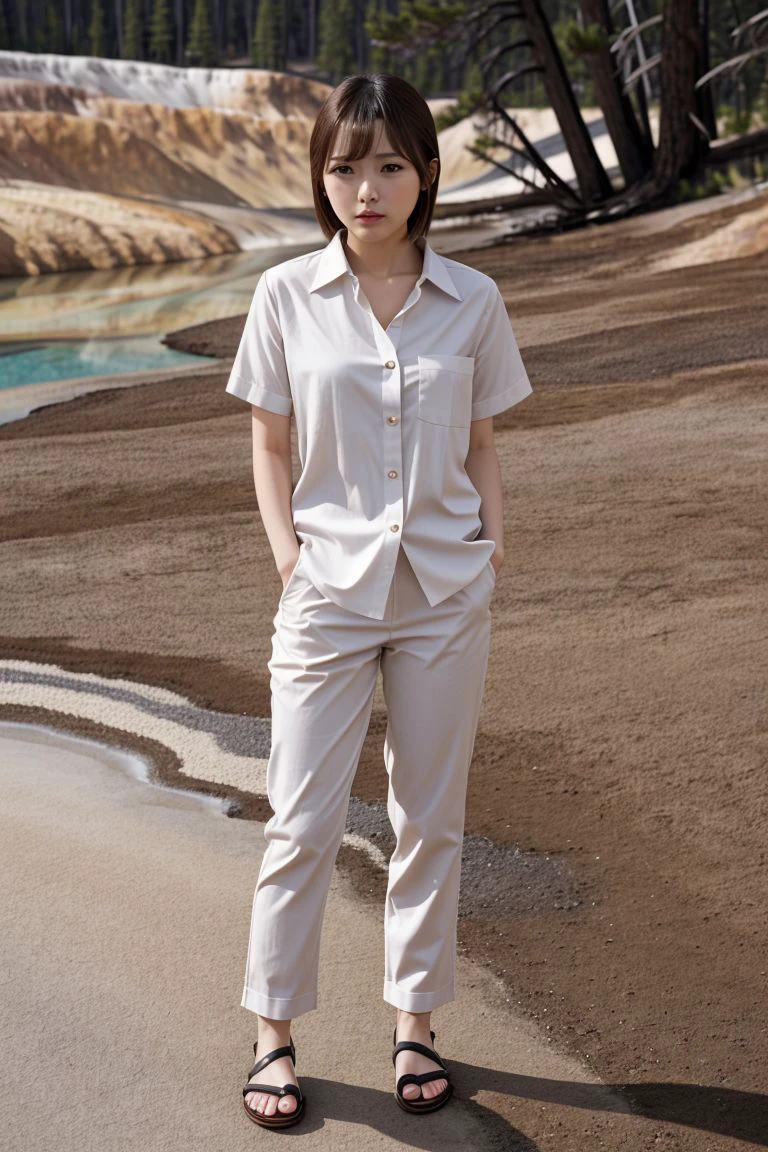 <lora:anjou_kozuki_obj20:0.5>, full_body, standing, sandals, (shirt), pants, (yellowstone), (anjou_kozuki: 1.2), perfect face, (contact iris: 1.1), pale skin, skin pores , depth of field