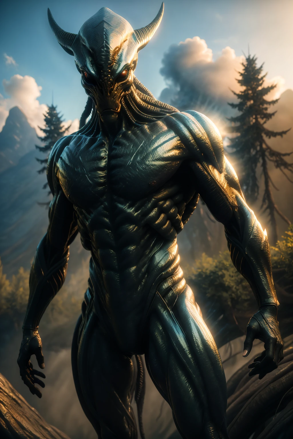 <lora:arandomalien_v2-000010:1> masterpiece of photorealism, photorealistic highly detailed 8k photography, best cinematic quality, volumetric lighting and shadows, muscular rndmln, predator braids, demon armor, dynamic pose, Floating Forests,  Aerial View from a Drone