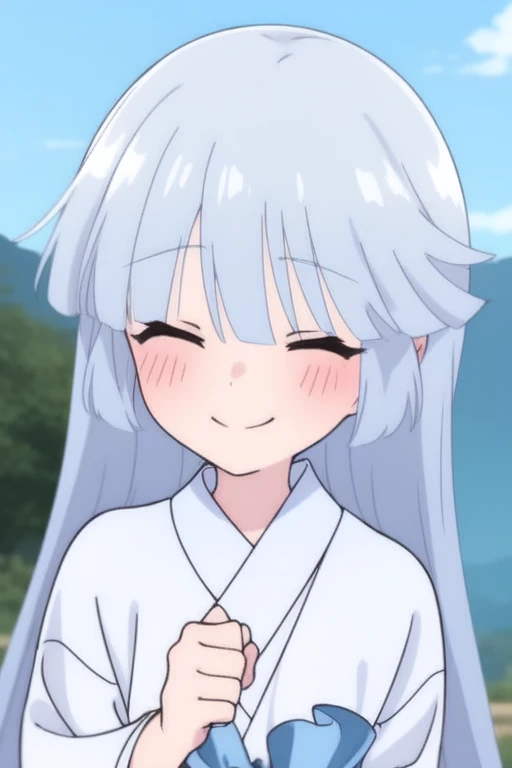 <lora:Yukimusume:1>Yukimusume, japanese clothes, long hair, 1girl, kimono, white kimono, closed eyes, smile, holding animal, outdoors, blue hair, bangs, blush, holding, day, photo background, animal, upper body, light blue hair, rabbit, blunt bangs, sky, wide sleeves