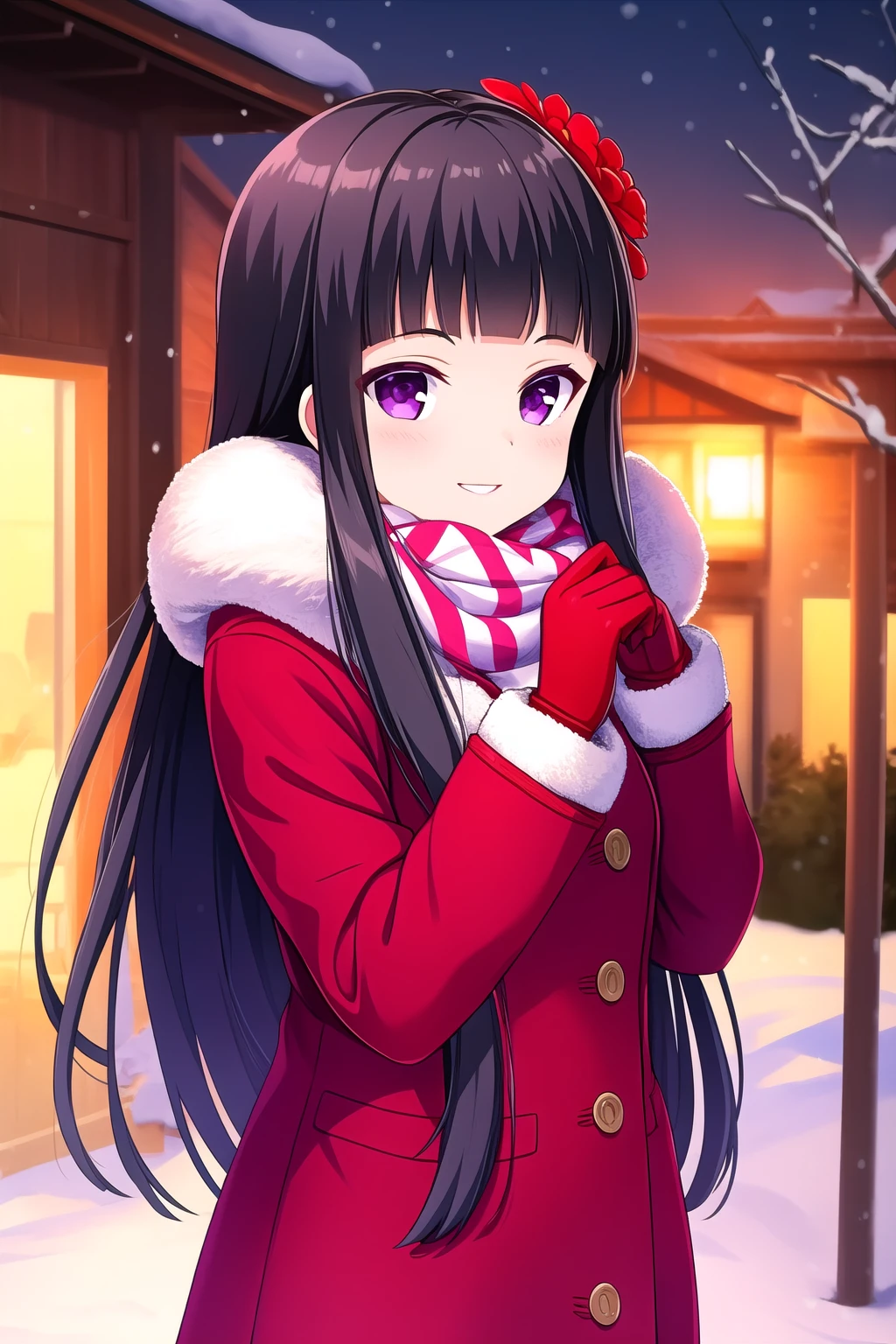 (masterpiece, best quality), highly detailed background, perfect lightingbest quality, shiranuiisuzu, solo, outdoors, winter, black hair, blunt bangs, hair flower, red flower, hair ornament, very long hair, purple eyes, striped scarf, red coat, fur trim, buttons, <lora:GoodHands-vanilla:1>, winter gloves, winter clothes, smile, closed mouth, parted lips, pink lips, <lora:Shiranui-Isuzu:0.7>