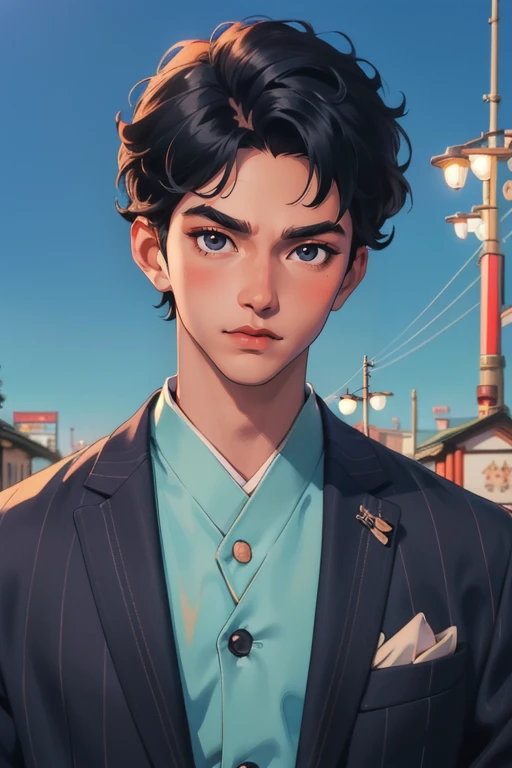 ((masterpiece)),(illustration),best quality,delicate details,refined rendering,((Menga style)),(((Toon style))),(portrait:1.41),8k,toon style,((Japan anime)),1boy,male focus,solo,handsome,portrait,thick eyebrows,black eyes,solid eyes,model,tall,thin,slim asian boy,(Fashion Menswear:1.35),(Fashion Men's Model Walking Show:1.35),Smug,Curly Haircut,global illuminations,shadow