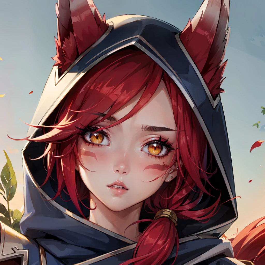 2d, masterpiece, best quality, anime, highly detailed face, perfect lighting, xayah, red hair, long hair,  <lora:xayah_lora_2_1-10:0.9>,  slit pupils, cropped torso,