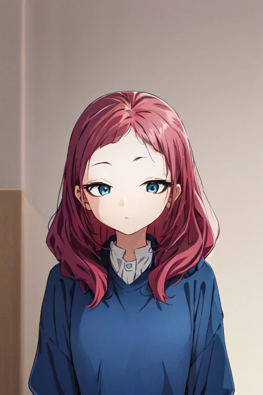 <lora:HokoChiarashiR4:0.9>, HokoChiarashiR4, masterpiece, highres, 1girl, blue eyes,red hair, small breasts, portait, ( simple background ), blue sweater