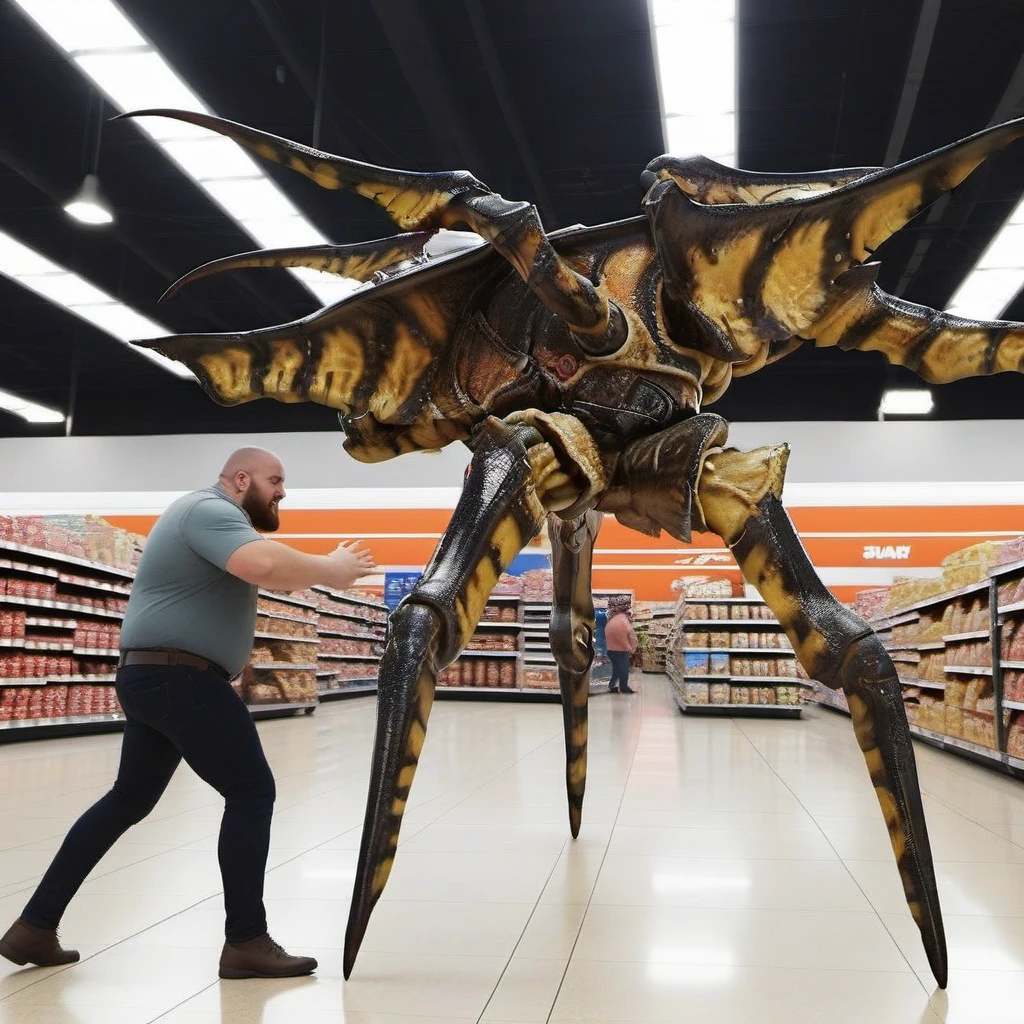 Starshiptrooper1024, a giant bug chasing a fat man in wallmart, full body, features intricate detail, detailed eyes, highly detailed, photography, ultra sharp, film, bokeh, professional, 4k <lora:Starshiptrooper1024:0.8> <lora:add-detail-xl:2>