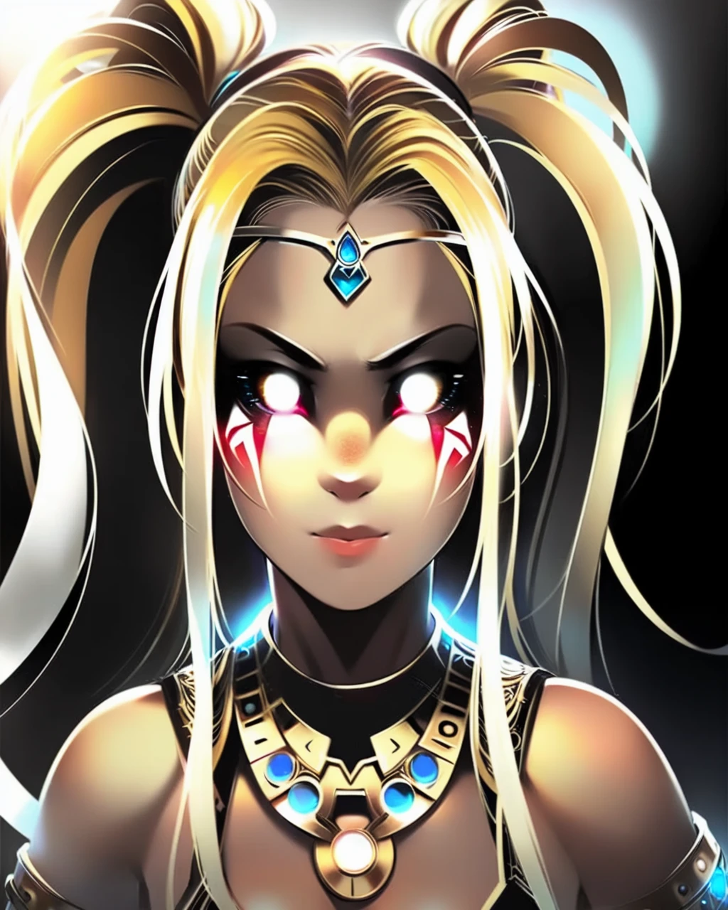 Seraphim,1girl,empty eyes,glowing_eyes,blonde hair,twintails \(hairstyle\),art by Tsampikos,<lora:Sacred (Vpred):0.7>,