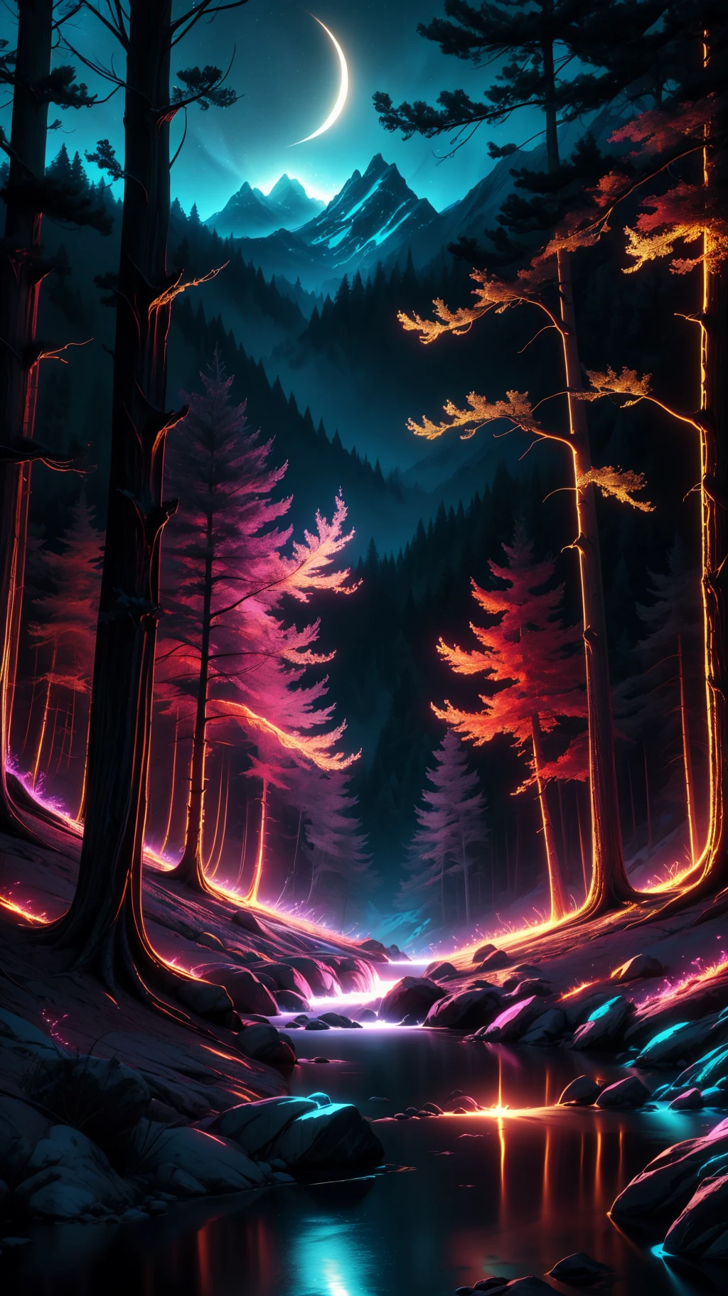 A beautiful enchanted night mountainside forest landscape photo, mysterious glowing colors, extremely detailed, vivid colors, high quality, best quality,  award winning, high contrast, cinematic lighting, (masterpiece),