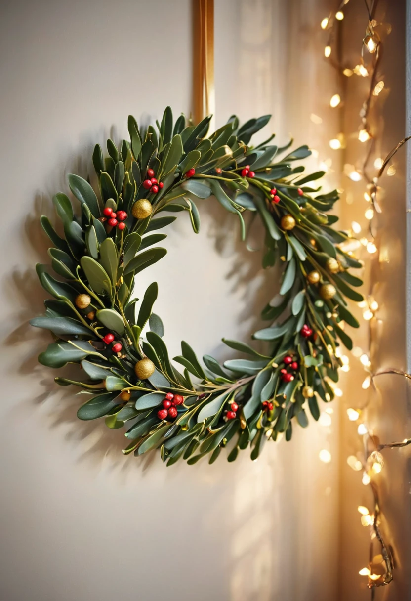 RAW Photograph, a mistletoe wreath, gldnglry, raytracing, sharp focus, 8k, bokeh, hdr, masterpiece, photography, dslr, kodachrome, 35mm photograph, analog film, professional, highly detailed