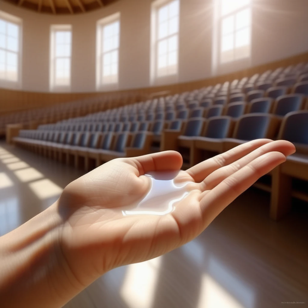 An ultra-realistic photograph featuring a close-up of a human hand, palm up, holding a dollop of translucent liquid. The liquid is glistening, catching the light in a way that highlights its viscosity and texture. The background is a classroom auditorium, with rows of seats and a chalkboard visible in soft focus, conveying an academic setting. The lighting is natural and ambient, suggestive of a sunny day, casting a gentle illumination on the scene, enhancing the details of the hand and the liquid, <lora:pluslight:0.75>