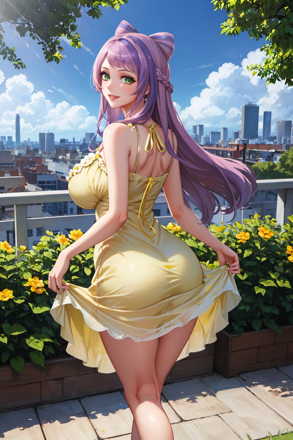 masterpiece, best quality, <lora:miriam-nvwls-v1-000009:0.9> miriam, green eyes, multicolored hair, huge breasts, (yellow sundress:1.4), from behind, garden, cityscape, blue sky, clouds, smile, wide hips, skirt hold