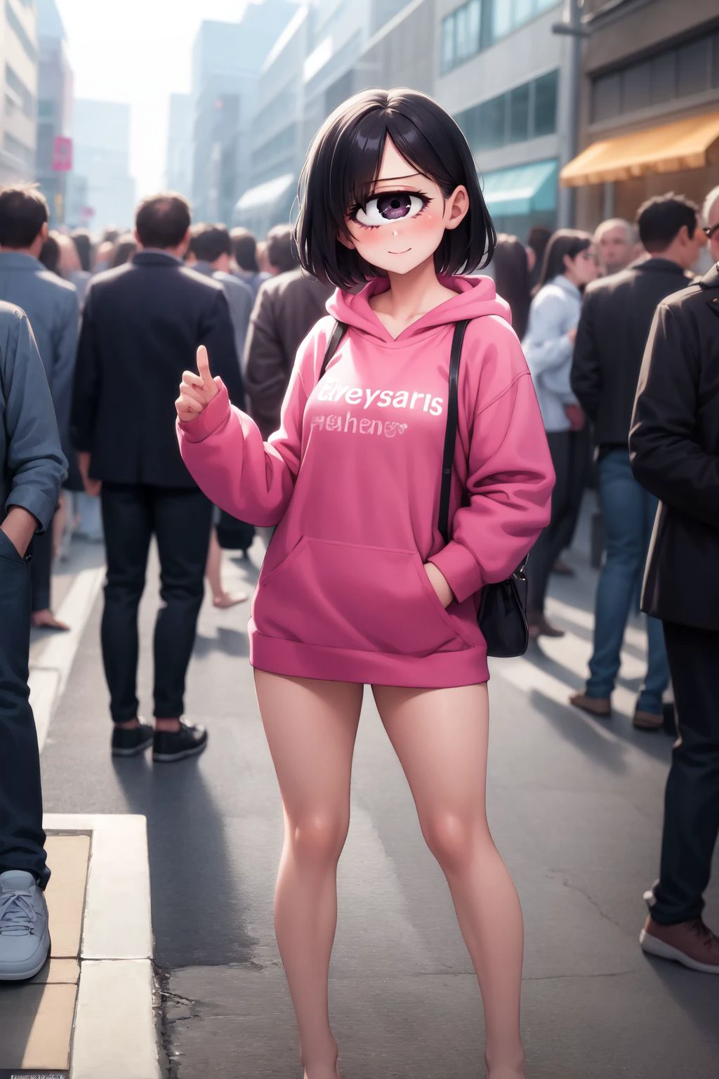 solo, 1girl, (cyclops:1.1), on street, crowd, best quality, highres, masterpiece