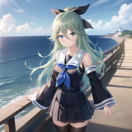 ((masterpiece)),(best quality),official art,extremely detailed CG,unity 8k wallpaper,ultra detailed,A lighthouse on a cliff by the sea,1girl,solo,cowboy shot,long_hair,hair_between_eyes,green_hair,detached_sleeves,school_uniform,hair_ornament,pleated_skirt,black_serafuku,hairclip,hair_ribbon,black_thighhighs,bangs,green_eyes,parted_bangs,sidelocks,black_skirt,zettai_ryouiki,ponytail,loafers,blue_neckerchief,black_ribbon,<lora:Yamakaze(kan)>,