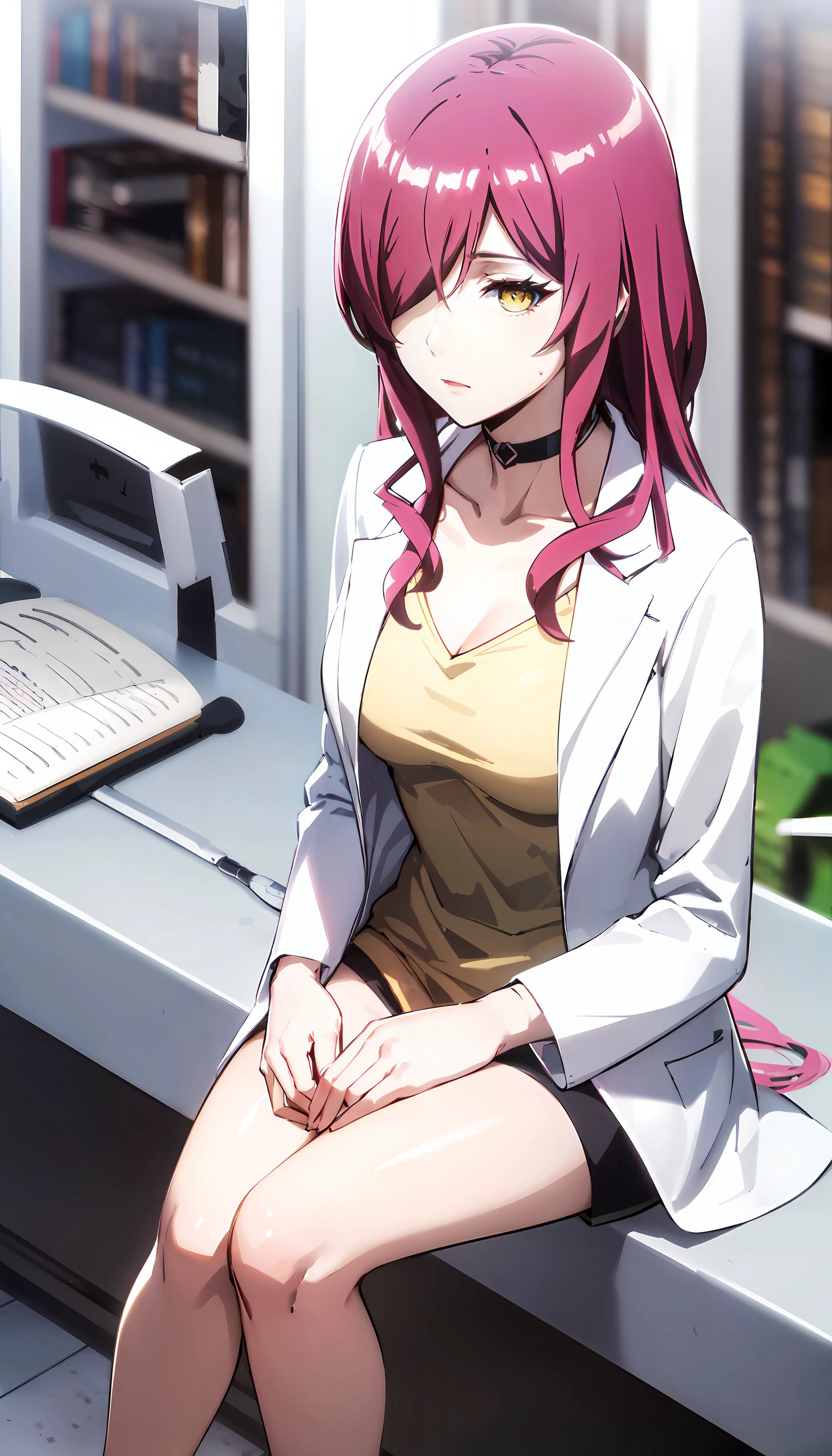 photorealistic, (4k), depth of field, (Masterpiece), (realistic skin texture), extremely detailed, intricate, hyper detailed, high resolution, sharp detail, best quality, woman, <lora:Laine:0.7> lab coat, long hair, pink hair, black choker, yellow eyes, one eye covered by hair, sitting with hands around her ankles , outdoors,
