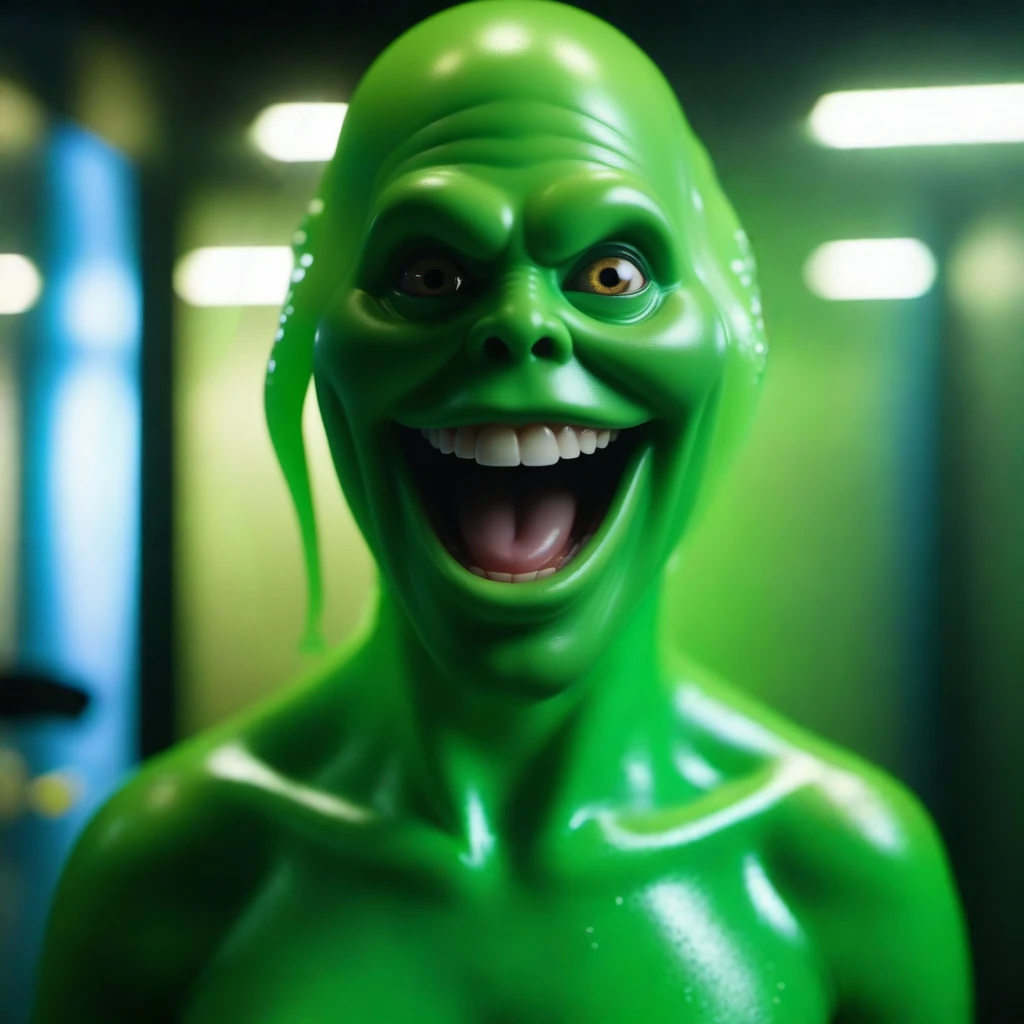 Slimer1024, a glowing green see-through ghost, wet and slimy, in locker-room, features intricate detail, detailed eyes, highly detailed, photography, ultra sharp, film, bokeh, professional, 4k <lora:Slimer1024:0.3>