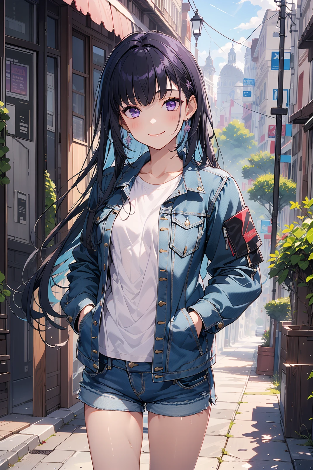 1girl, solo, masterpiece, best quality, selena, black hair, multicolored hair, bangs, long hair, purple eyes, jacket, long sleeves, shirt, denim shorts, looking at viewer, shiny hair, shiny skin, standing, street, hands on pocket, smile, small breast,