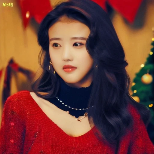 lighting soft from above, black long wavy, christmas sweater, at night, standing, necklace, large earing, staring at viewer, cleavage ,((masterpiece)), photorealistic, 8k, raw, 1 girl, (detailed), professional photo, <lora:sd15_kathy_chow_v5:1.5>, (kathy chow:1.2)