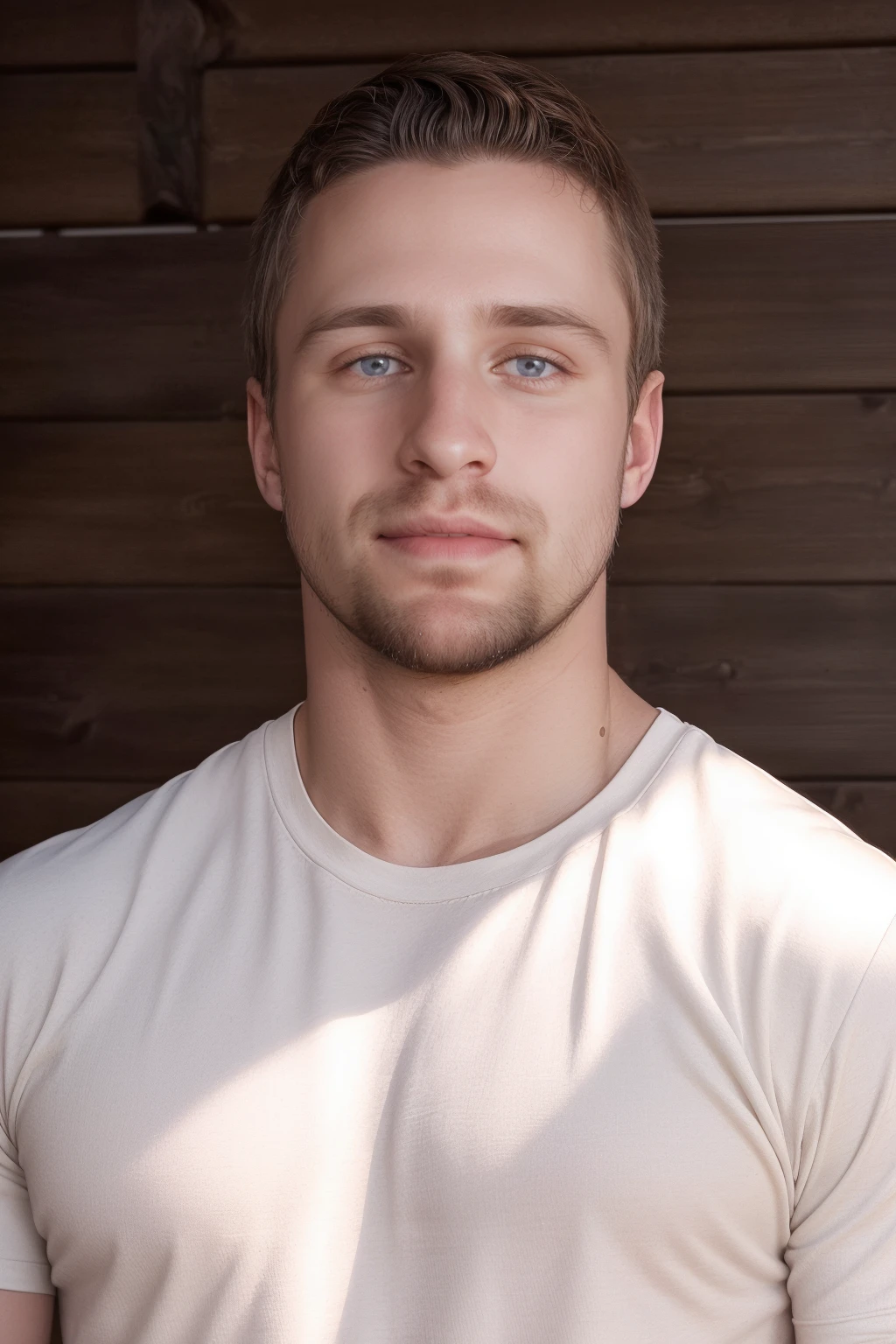 closeup professional photo of male sc_abe <lora:sc_abe-06:0.75> wearing a classic well-fitted crew-neck t-shirt, neutral backdrop, even and flattering lighting, soft diffused lighting, confident and empowering mood, looking at camera, beard