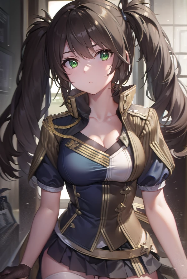 hmsyork, <lora:hms york v2-lora-nochekaiser:1>,
hms york, long hair, brown hair, hair ornament, (green eyes:1.3), twintails,
BREAK skirt, thighhighs, gloves, short sleeves, pleated skirt, shoes, black gloves, black thighhighs, miniskirt, black skirt, turret, cannon, anchor, rigging,
BREAK ocean,
BREAK looking at viewer, (cowboy shot:1.5),
BREAK <lyco:GoodHands-beta2:1>, (masterpiece:1.2), best quality, high resolution, unity 8k wallpaper, (illustration:0.8), (beautiful detailed eyes:1.6), extremely detailed face, perfect lighting, extremely detailed CG, (perfect hands, perfect anatomy),