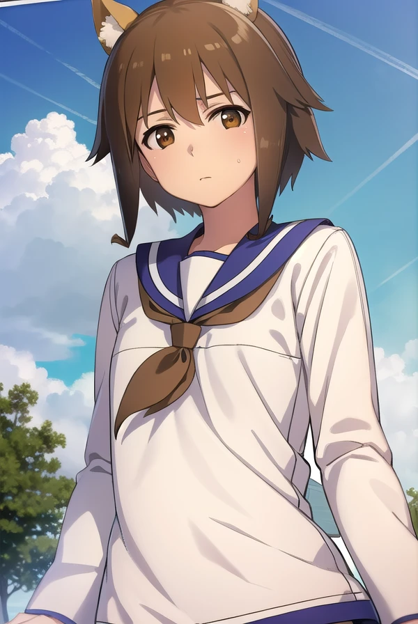 junkotakei, <lora:junko takei manga-lora-nochekaiser:1>,
junko takei, short hair, brown hair, animal ears, (brown eyes:1.7), dog ears, sidelocks,
BREAK school uniform, swimsuit, school swimsuit, swimsuit under clothes, serafuku, blue sailor collar, long sleeves,
BREAK outdoors, nature, forest, trees, grass, sun, sky, clouds,
BREAK looking at viewer,
BREAK <lyco:GoodHands-beta2:1>, (masterpiece:1.2), best quality, high resolution, unity 8k wallpaper, (illustration:0.8), (beautiful detailed eyes:1.6), extremely detailed face, perfect lighting, extremely detailed CG, (perfect hands, perfect anatomy),