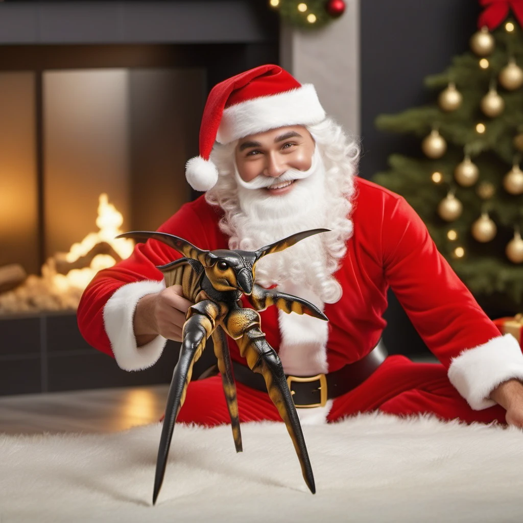 santclaus poses with a bug, selfie style, smiles, christmas gifts,christmas scenery, livingroom, fireplace, features intricate detail, detailed eyes, highly detailed, photography, ultra sharp, film, bokeh, professional, 4k <lora:Starshiptrooper1024-000477:0.8> <lora:add-detail-xl:1>