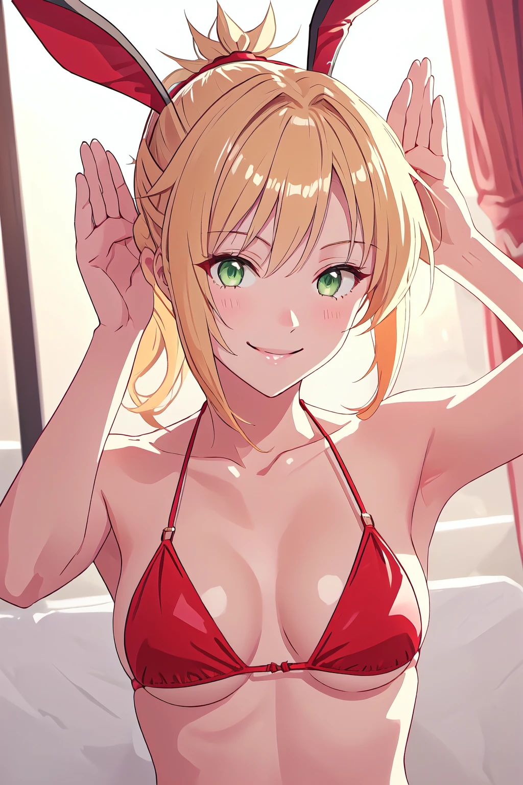 <lyco:BunnyPosev2-step00002500:1.1>, bunny pose, bpv1, fake animal ears, 1girl, smile, volumetric lighting, upper body, <lora:Mordred:0.9>, mordred \(fate\), blonde hair, green eyes, ponytail, mature female, medium breasts, red bikini