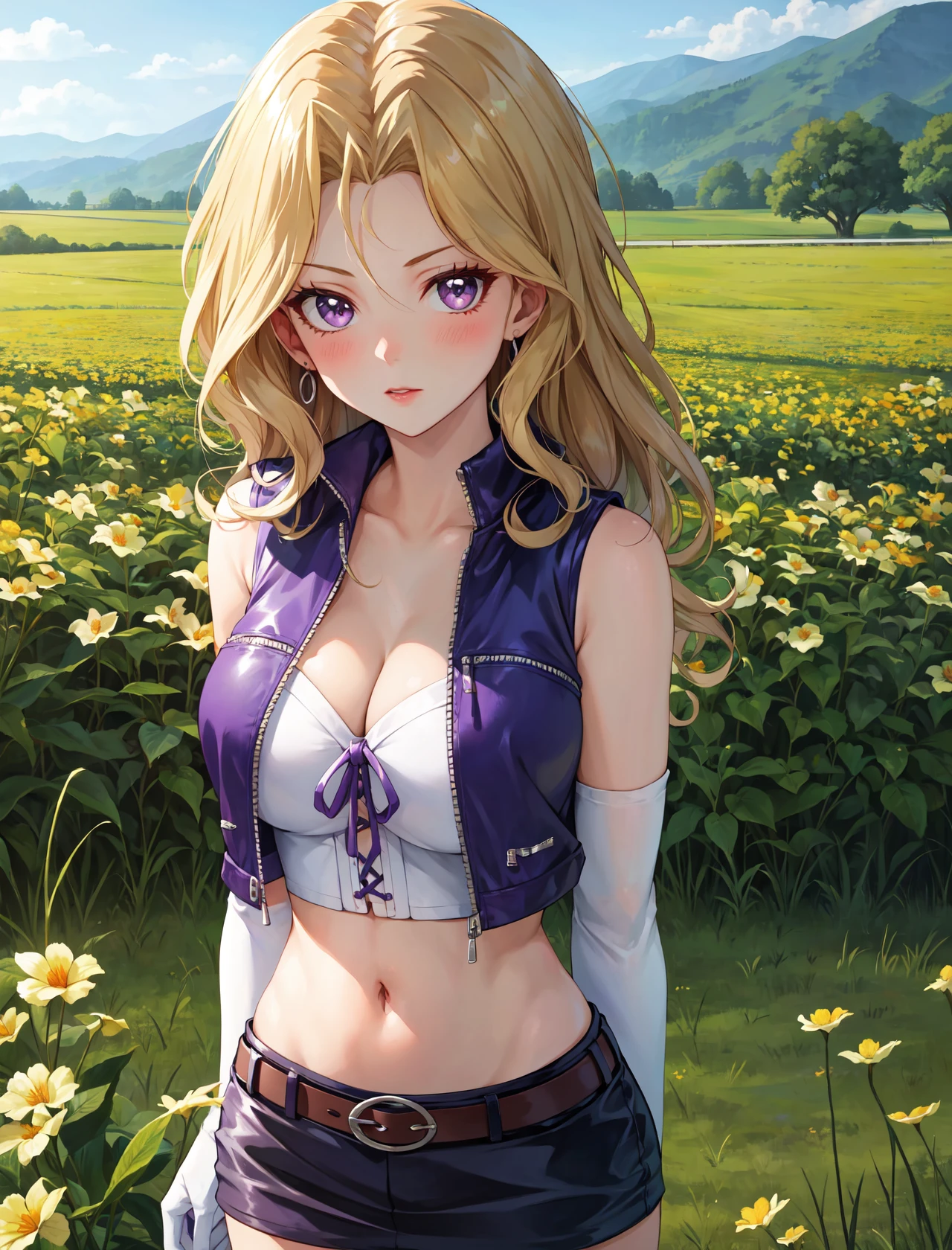 masterpiece, best quality, outdoors, grass, field, flower field,
1girl, solo, looking at viewer, cowboy shot, blonde hair, purple eyes, breasts, blush, skirt, long hair, large breasts, elbow gloves, white gloves, navel, cleavage, detached sleeves, midriff, belt, vest, crop top, bustier, arms behind back,
<lora:LoRA_Mai:1>