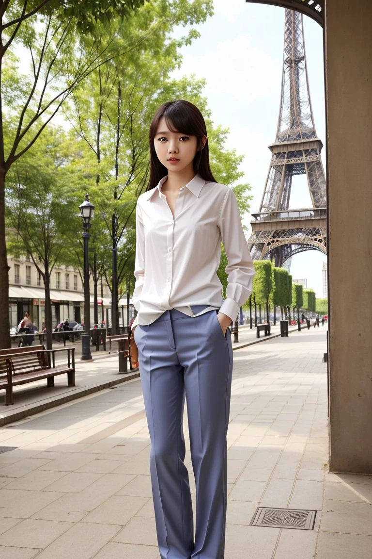 <lora:miyu_suenaga_obj20:0.5>, full_body, standing, sandals, (shirt), pants, (eiffel tower), (miyu_suenaga: 1.2), perfect face, (contact iris: 1.1), pale skin, skin pores , depth of field