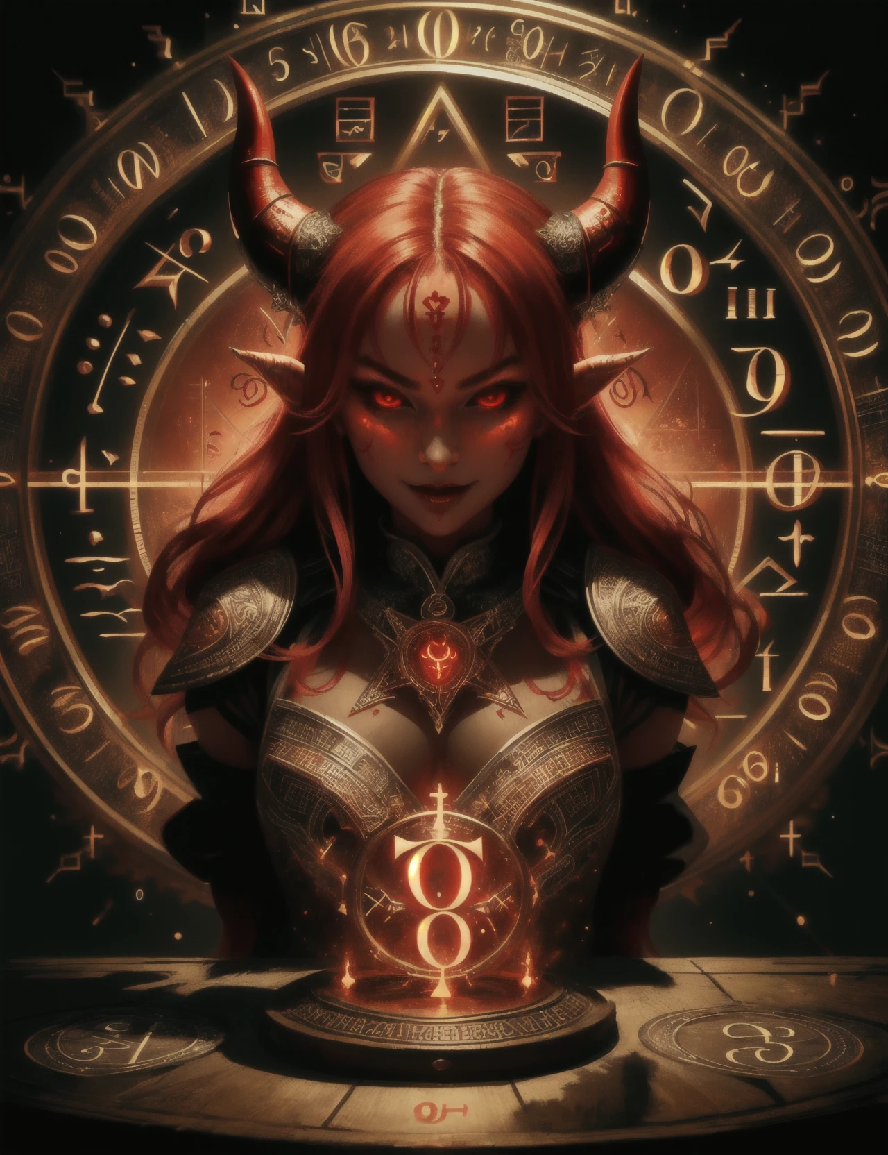 hyper detailed masterpiece, dynamic, awesome quality,math magic, (numbers and symbols:1.3), female devil, embodiment of evil, cunning and charismatic, red skin, devil horns, fantasy, <lora:DonMM4thM4g1c-000008:0.75>