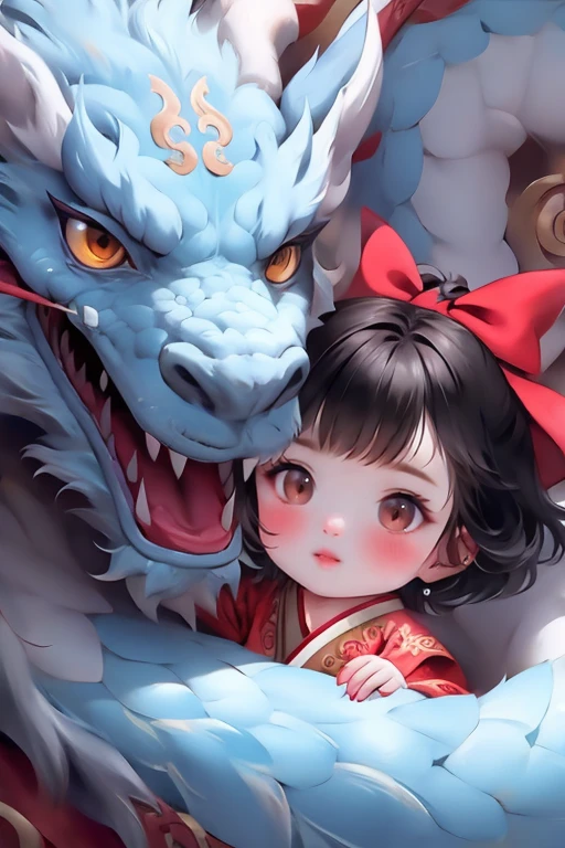 <lora:long3ZHENGZE-000012:0.7>,chahua,1girl,black hair,hair bow,looking at viewer,blush,brown eyes,red bow,dragon,bangs,short hair,child,closed mouth,lips,solo,female ,red new year clothes,