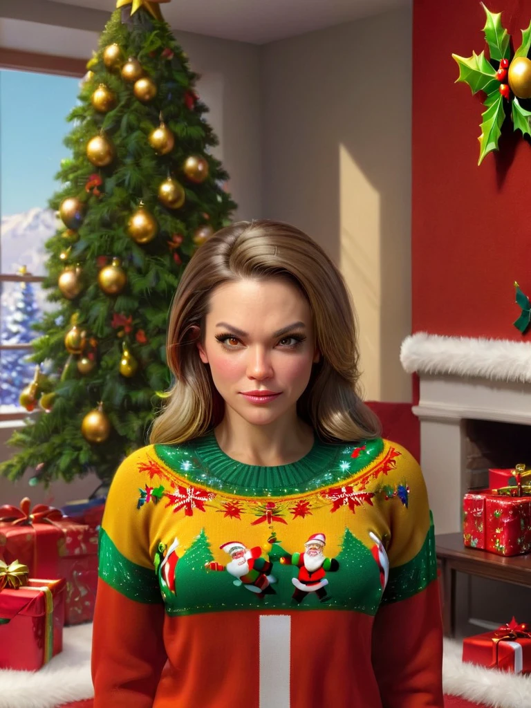 woman wearing a, <lora:Ugly_Christmas_Sweater:1>  uglyxmas, living room, full_shot, front view, <lora:PerfectEyesXL:0.8>       perfecteyes, Photo, realistic, colorful, vivid, beautiful, photorealistic, 16k resolution, intricate, highly detailed, gorgeous, 3D shading, by Greg Rutkowski,