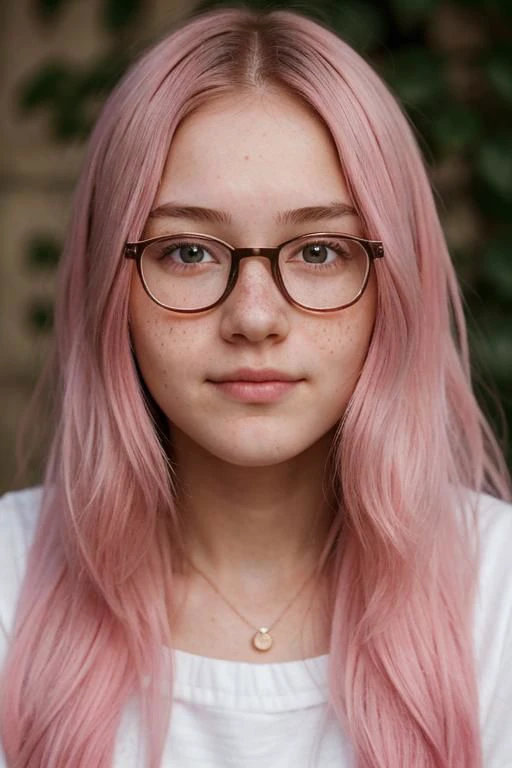 professional, masterpiece, 8k, hyperrealistic portrait of a 20yo cute girl, long hair,pink hair, glasses, (looking shy:1.3), freckles, detailed face, detailed skin, photography, hq, photorealistic,