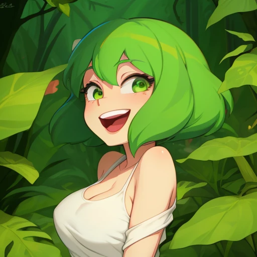 ((JS_CartoonStyle)),1girl,happy,open mouth,jungle,upper body,green hair,<lora:JS_Cartoon_Style:1>