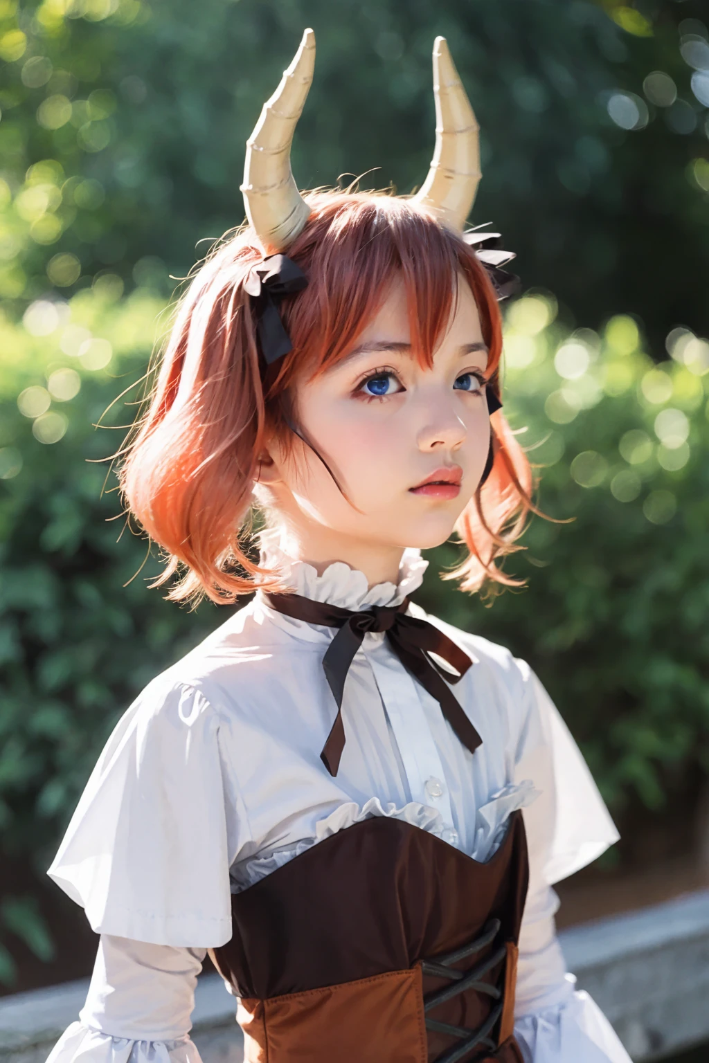 masterpiece, best quality,8K,realistic, High definition, photography, depth of field,HDR, highres,(photoshop \(medium\):1.2) ,
 <lora:ri-nie:1>,1girl, solo, horns, twintails, blue eyes, breasts, ribbon, pink hair, corset, long sleeves, looking at viewer, hair ribbon, upper body, blush, orange hair