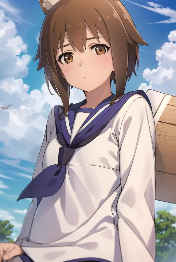 junkotakei, <lora:junko takei manga-lora-nochekaiser:1>,
junko takei, short hair, brown hair, animal ears, (brown eyes:1.7), dog ears, sidelocks,
BREAK school uniform, swimsuit, school swimsuit, swimsuit under clothes, serafuku, blue sailor collar, long sleeves,
BREAK outdoors, nature, forest, trees, grass, sun, sky, clouds,
BREAK looking at viewer,
BREAK <lyco:GoodHands-beta2:1>, (masterpiece:1.2), best quality, high resolution, unity 8k wallpaper, (illustration:0.8), (beautiful detailed eyes:1.6), extremely detailed face, perfect lighting, extremely detailed CG, (perfect hands, perfect anatomy),