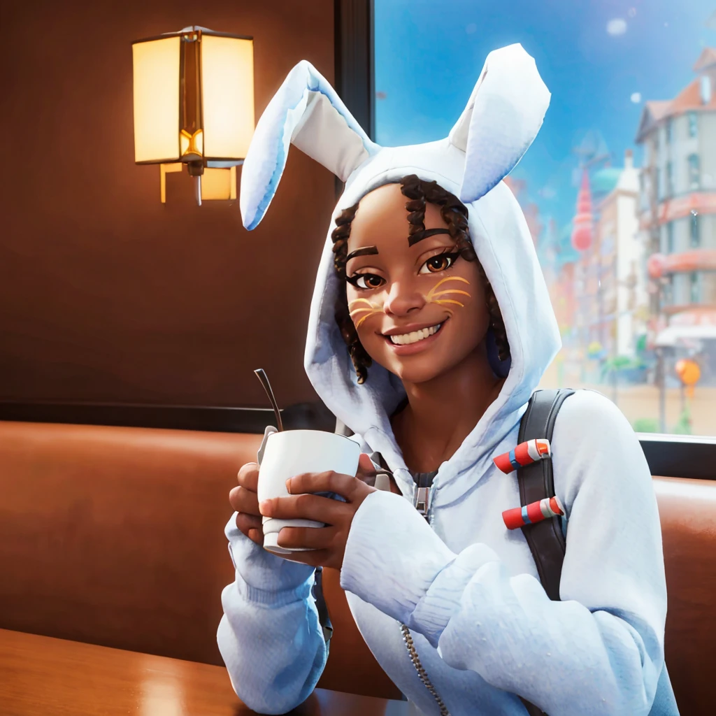 a woman sitting in a cafe drinking tea, (full body) <lora:Bunny BrawlerLunaLoRA:1> luna, dressed, bunny, with, ears, and, mask, big smile, beautiful eyes, beautiful girl, high detail skin, high detail eyes, high detail hair, highres, ultra detailed, horny smile, Highly detailed,masterpiece, best quality