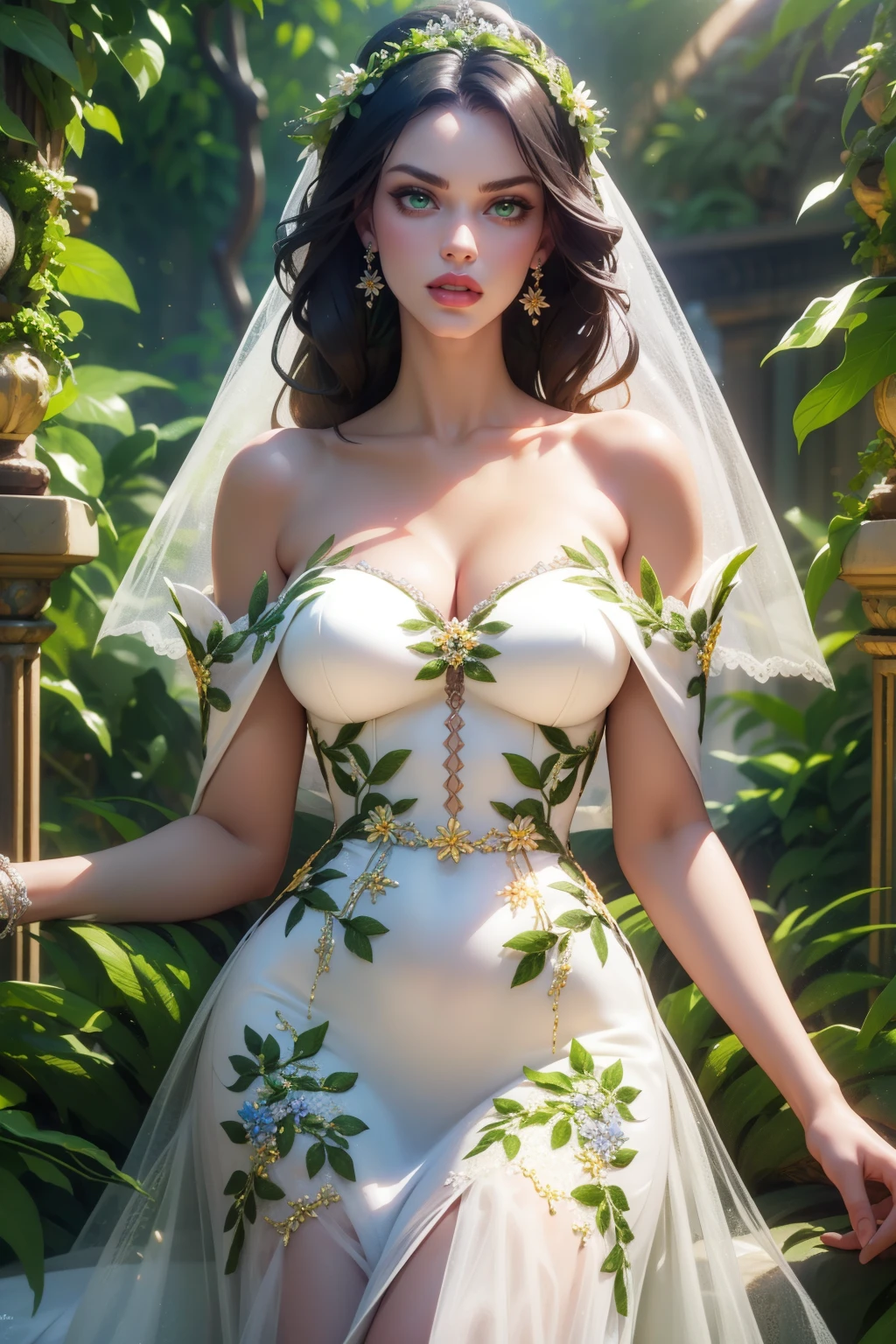 masterpiece, best quality, high quality, v1nedr3ss, jungle, long green hair, green eyes, flowers, vines, dress, white dress, wedding dress, <lora:detail_slider_v4:3>   <lora:lip_slider_v21:2>  <lora:age_slider_v2:3> <lora:v1nedr3ss:0.7>