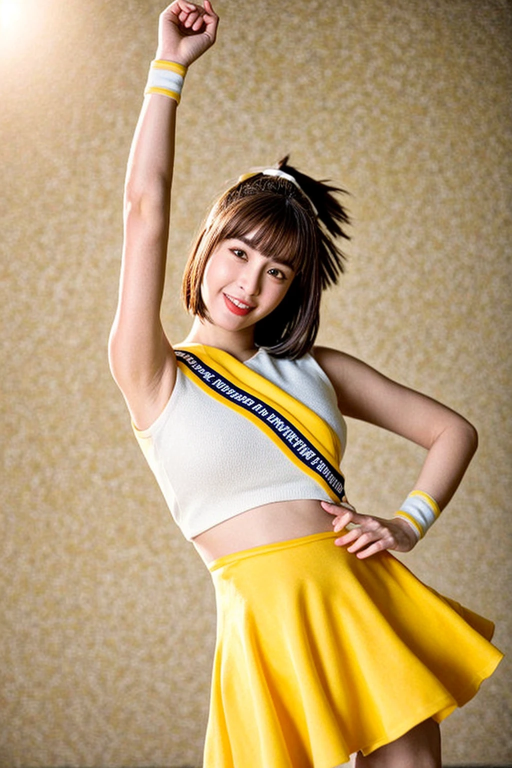 hyper realistic lifelike texture dramatic lighting unreal engine trending on art station, award winning photo, nikon RAW photo,8 k, Fujifilm XT3,masterpiece, best quality, realistic, photorealistic, ultra detailed, extremely detailed face, solo,1girl,(looking at viewer),smile,stadium,yellow cheerleader uniform, upper body,<lora:qun:0.9>,<lora:add_detail:0.3>,<lora:LCM-LoRA_sd15:1>