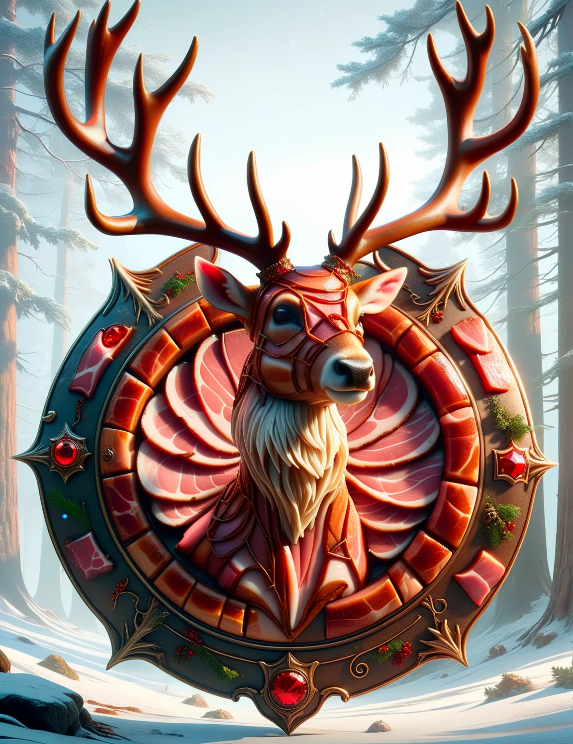 <lora:SDXLElfMeat:0.8> HamStyle, a high quality dynamic shot of a magical reindeer themed shield, antlers, red emblem of a deer, fantasy art, fantasy RPG item, 8k, beautiful, breathtaking borderland fantasycore artwork by Android Jones, Jean Baptiste monge, Alberto Seveso, Erin Hanson, Jeremy Mann. maximalist highly detailed and intricate professional_photography, a masterpiece, 8k resolution concept art, Artstation, triadic colors, Unreal Engine 5