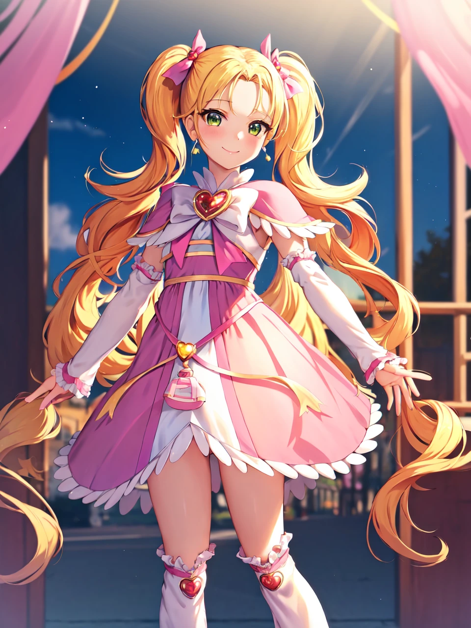 masterpiece, best quality, looking at viewer, depth of field, standing, full body, 
1girl, <lora:locon_shiny_luminous_02:1>, shiny-luminous, blonde hair, twintails, pink dress, capelet, brooch, arm warmers, leg warmers, boots, porch, earrings, 
smile, ((gradient background)), lens flare,