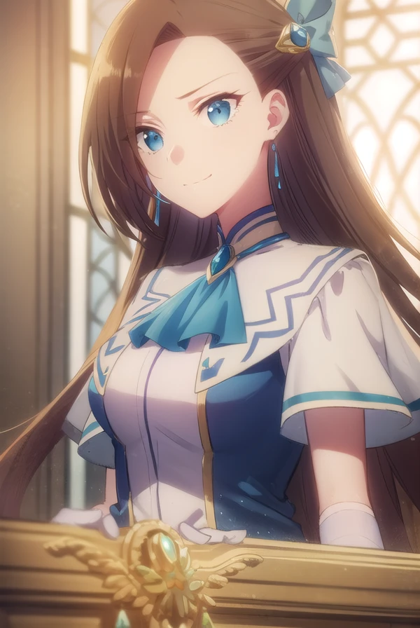catarinaclaes, <lora:catarina claes s2-lora-nochekaiser:1>,
catarina claes, long hair, bangs, brown hair, blue eyes, asymmetrical bangs, smile,
BREAK hair ornament, gloves, dress, bow, jewelry, jacket, short sleeves, hair bow, earrings, white gloves, bracelet, ascot, blue dress, blue bow, brooch, high collar, long dress, blue ascot,
BREAK indoors,
BREAK looking at viewer, (cowboy shot:1.5),
BREAK <lyco:GoodHands-beta2:1>, (masterpiece:1.2), best quality, high resolution, unity 8k wallpaper, (illustration:0.8), (beautiful detailed eyes:1.6), extremely detailed face, perfect lighting, extremely detailed CG, (perfect hands, perfect anatomy),
